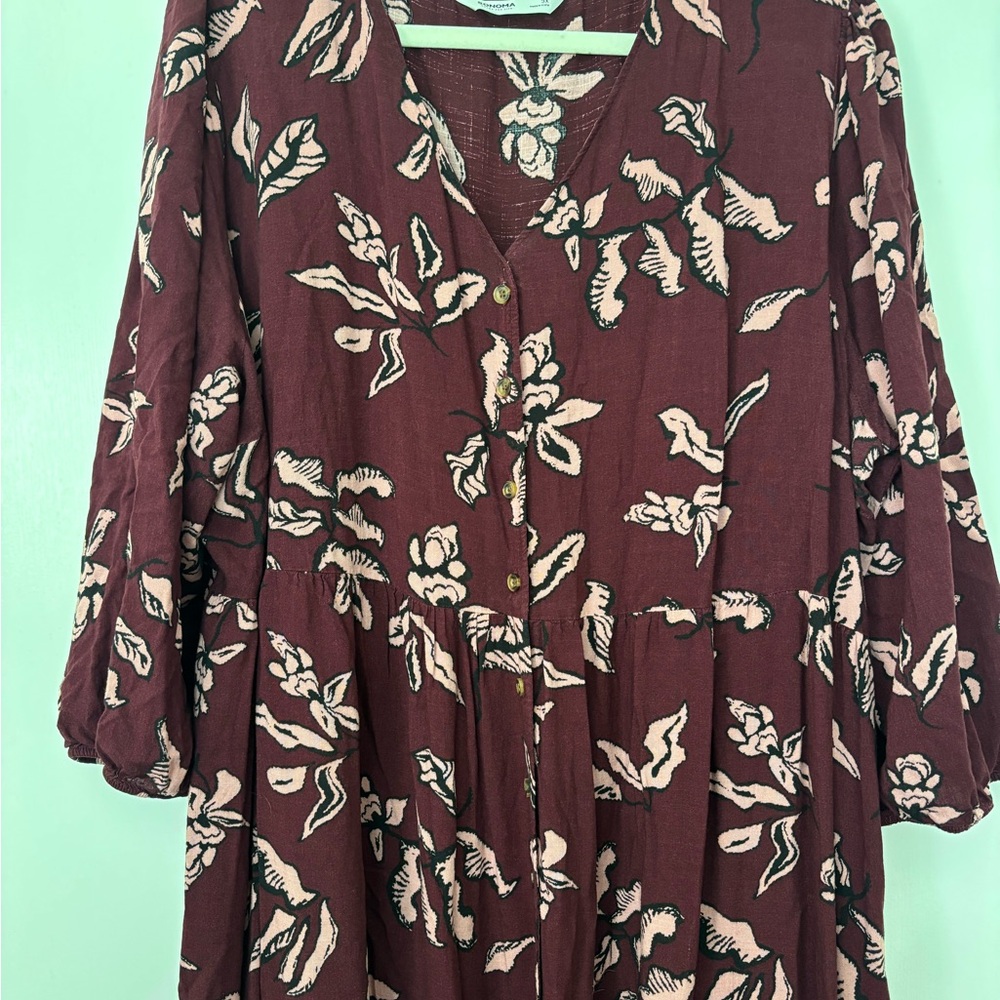 Floral Button-Front Maroon Swing Dress